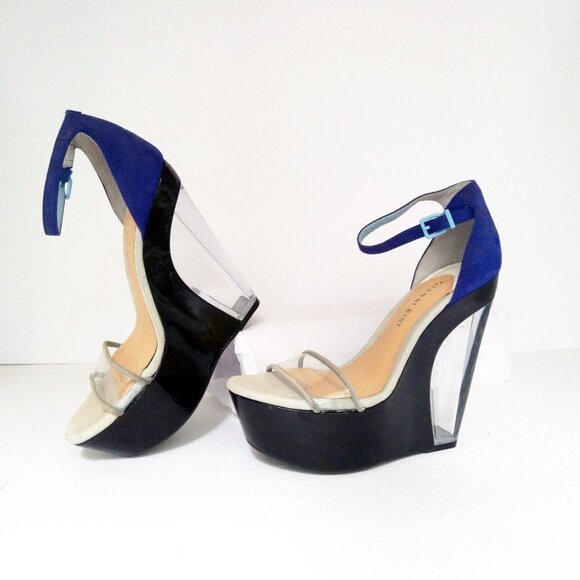 Gianni Bini Shoes - Gianni Bini Clear & Black Mega Wedge Royal Blue Suede Ankle Strap Sandals Sz 7
